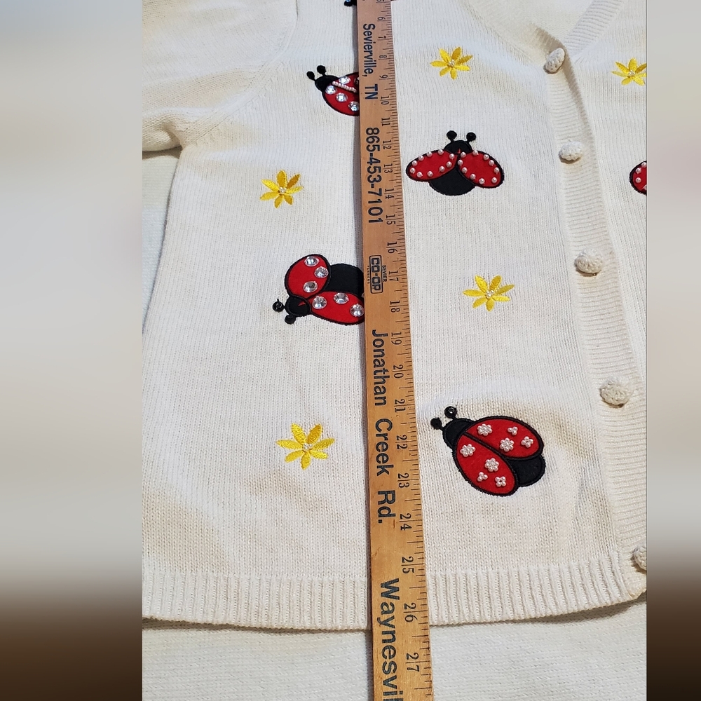 BonWorth Womens Cardigan with Ladybug and Star Design. Pearl And Rhinestones SzL - Picture 7 of 7